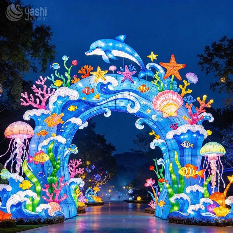 Underwater Coral Reef Arch Festival Lantern, Custom LED Starfish Jellyfish Tropical Fish Light Sculpture for Theme Park Night Entrance