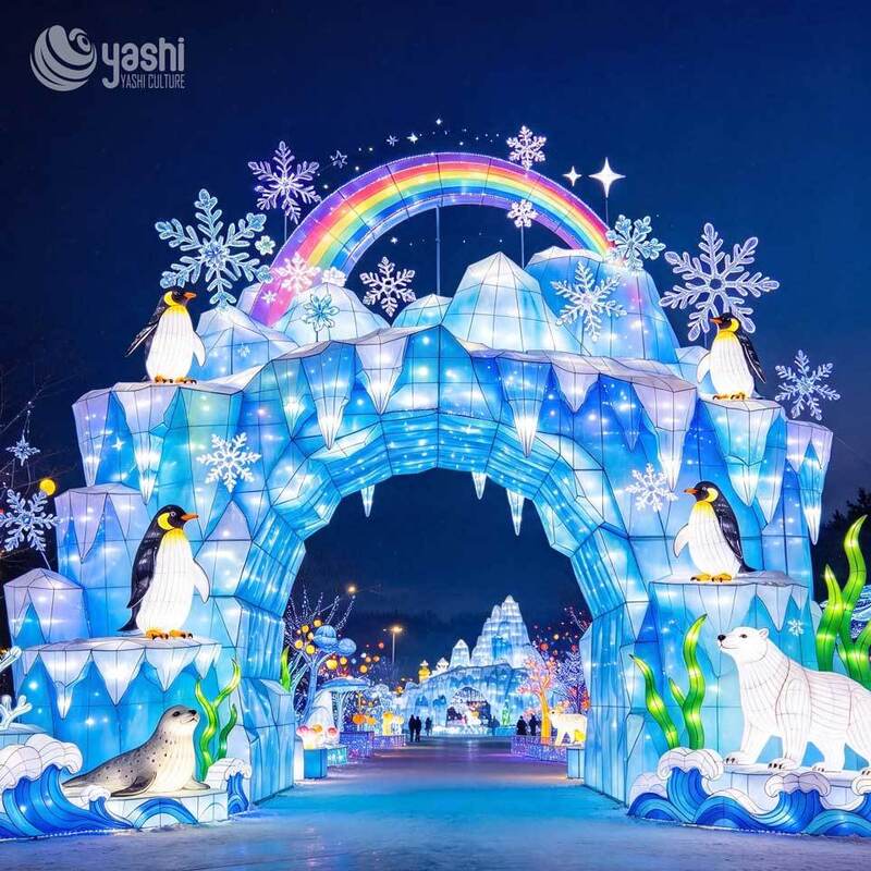 Zigong handmade lantern arch combining tropical flowers and dolphin, waterproof LED light sculpture for outdoor night light show
