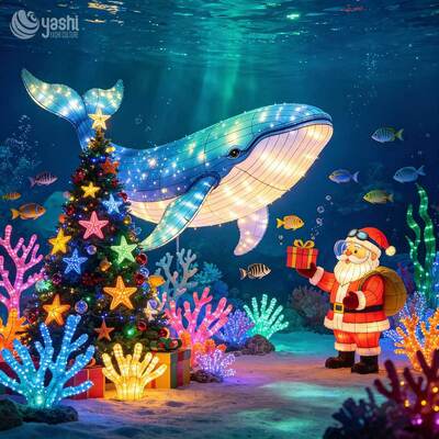 Custom Ocean Theme Christmas Lantern Set, Outdoor LED Whale, Coral, Fish & Santa Light Sculpture For Underwater Festival Display